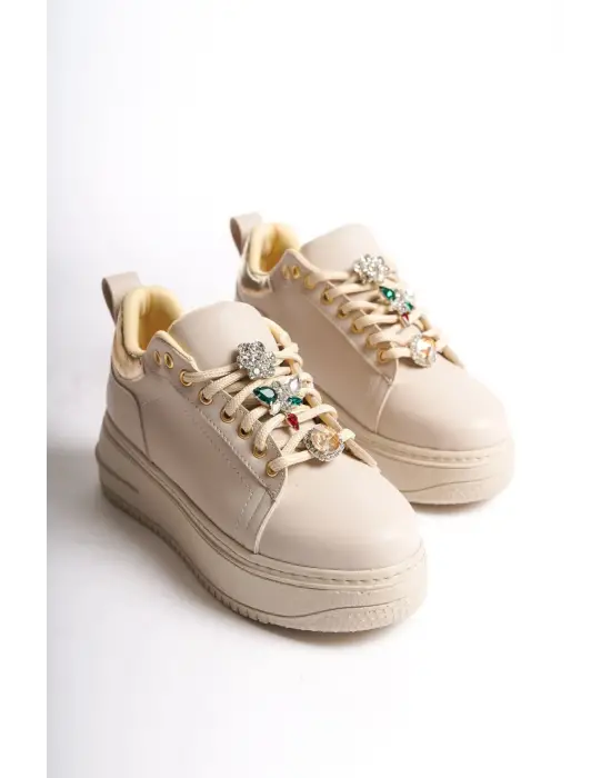 BRIANNA Bağcıklı Rahat tabanlı ayakkabı Tabaan Renkli Taş Dekorlu Bayan Spor tabanlı ayakkabı Spor Ayakkabı  CKısa Topuk - Krem/Altın