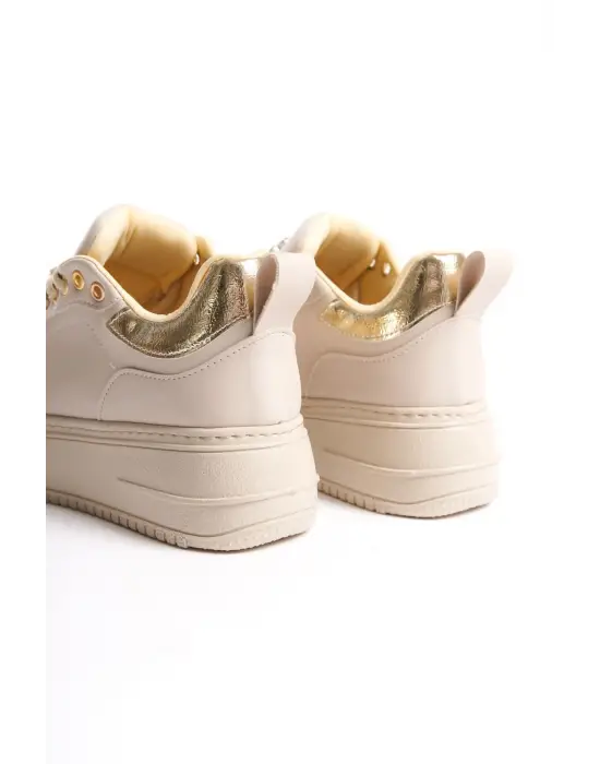 BRIANNA Bağcıklı Rahat tabanlı ayakkabı Tabaan Renkli Taş Dekorlu Bayan Spor tabanlı ayakkabı Spor Ayakkabı  CKısa Topuk - Krem/Altın