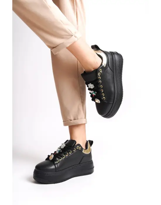 BRIANNA Bağcıklı Rahat tabanlı ayakkabı Tabaan Renkli Taş Dekorlu Bayan Spor tabanlı ayakkabı Spor Ayakkabı CGünlük Şık - Siyah/Altın