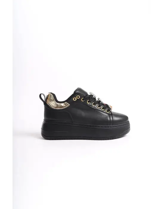 BRIANNA Bağcıklı Rahat tabanlı ayakkabı Tabaan Renkli Taş Dekorlu Bayan Spor tabanlı ayakkabı Spor Ayakkabı CGünlük Şık - Siyah/Altın