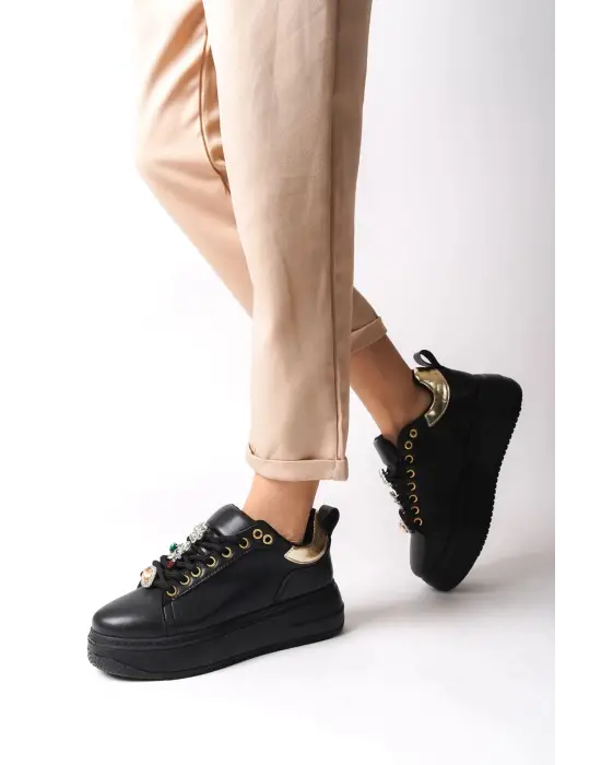 BRIANNA Bağcıklı Rahat tabanlı ayakkabı Tabaan Renkli Taş Dekorlu Bayan Spor tabanlı ayakkabı Spor Ayakkabı CGünlük Şık - Siyah/Altın