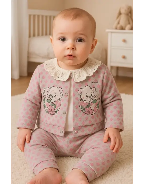 Brode İşlemeli Kalp Desenli 3lü Hırkalı Kız Bebek Takım