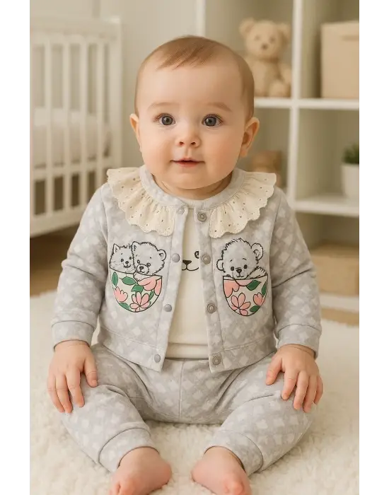 Brode İşlemeli Kalp Desenli 3lü Hırkalı Kız Bebek Takım