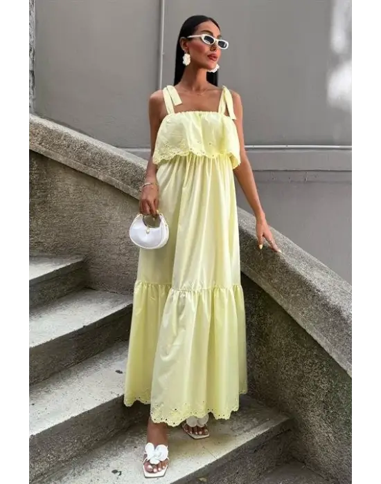 Omarı Brode Nakışlı Bağlamalı Elbise