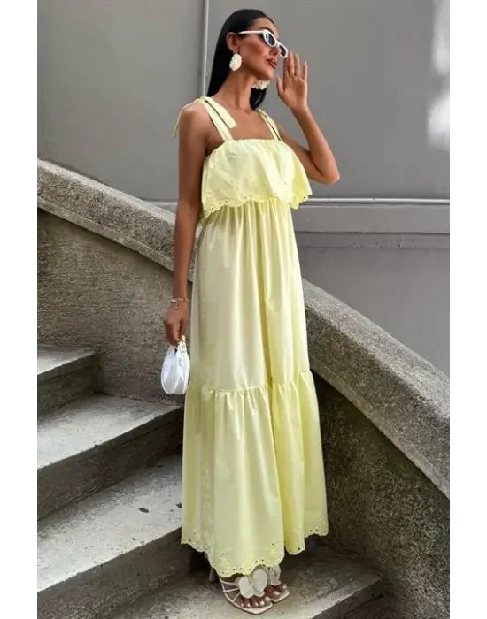 Omarı Brode Nakışlı Bağlamalı Elbise