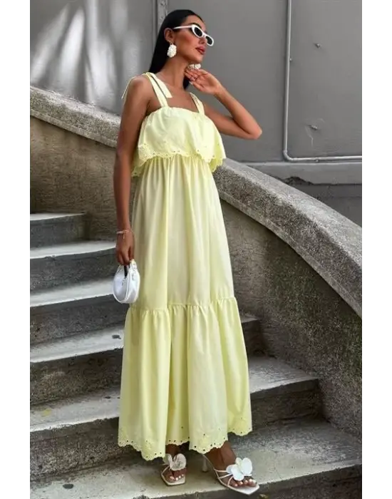 Omarı Brode Nakışlı Bağlamalı Elbise