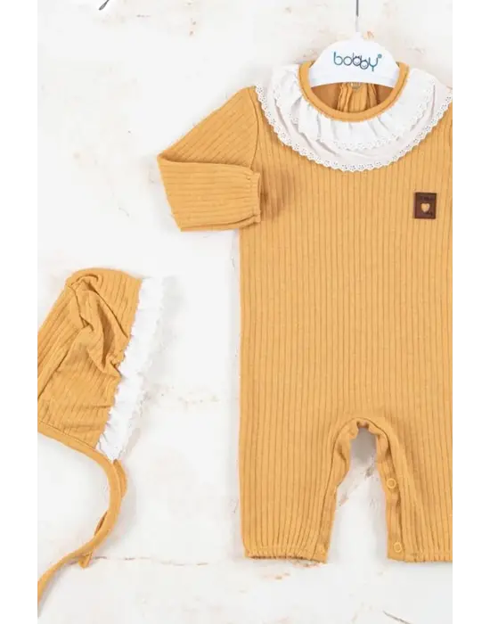 Brode Nakışlı Şapkalı % 100 Pamuk Kız Bebek Tulumu