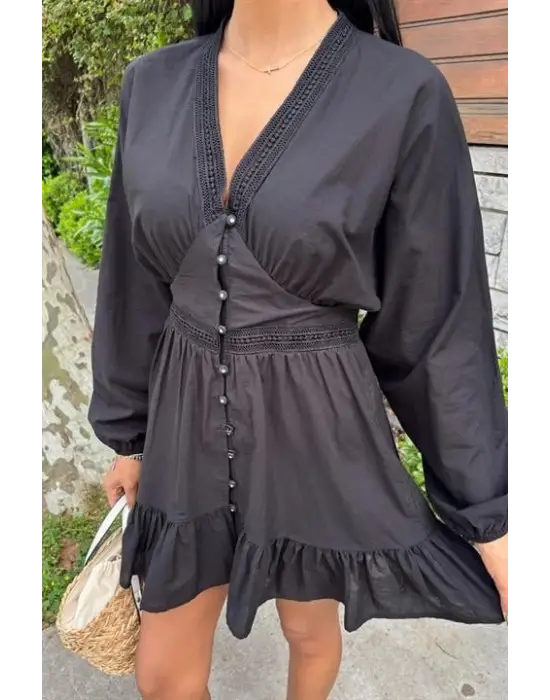 Omarı Fırfırlı Brode Şeritli Elbise