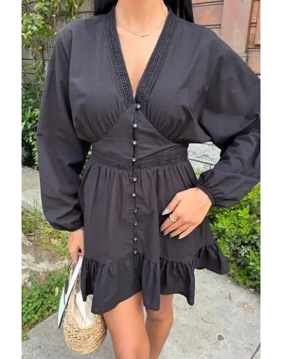 Omarı Fırfırlı Brode Şeritli Elbise