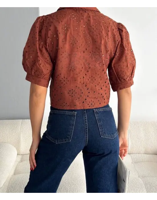 Omarı Çiçek Desenli Crop Gömlek