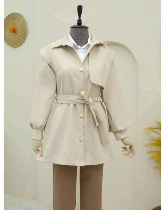 Broş Düğmeli Çift Düğmeli Kemerli Trençkot -Bej