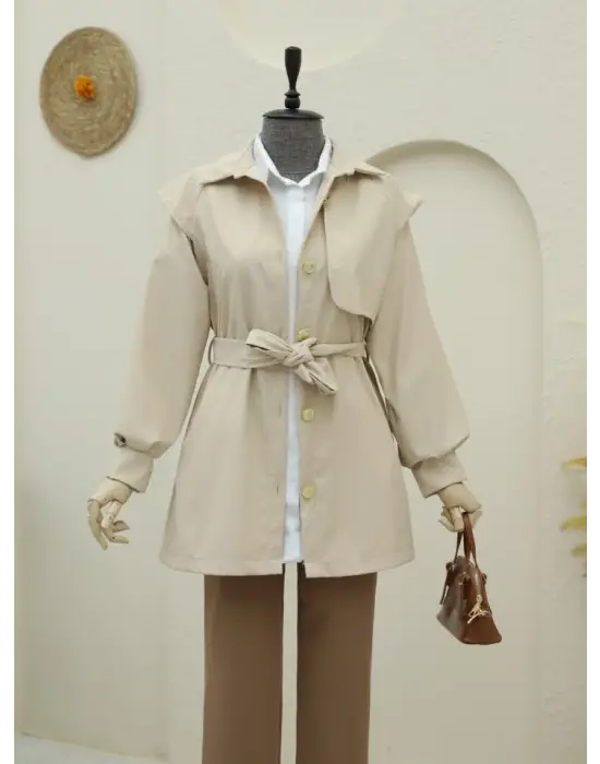 Broş Düğmeli Çift Düğmeli Kemerli Trençkot -Bej