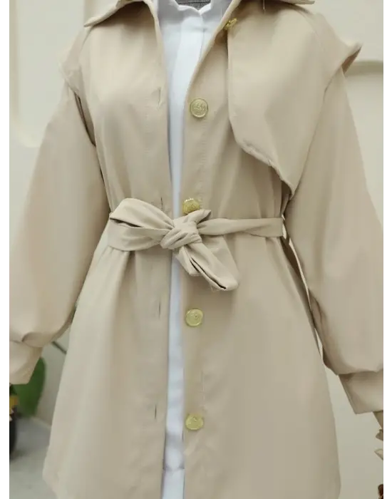 Broş Düğmeli Çift Düğmeli Kemerli Trençkot -Bej