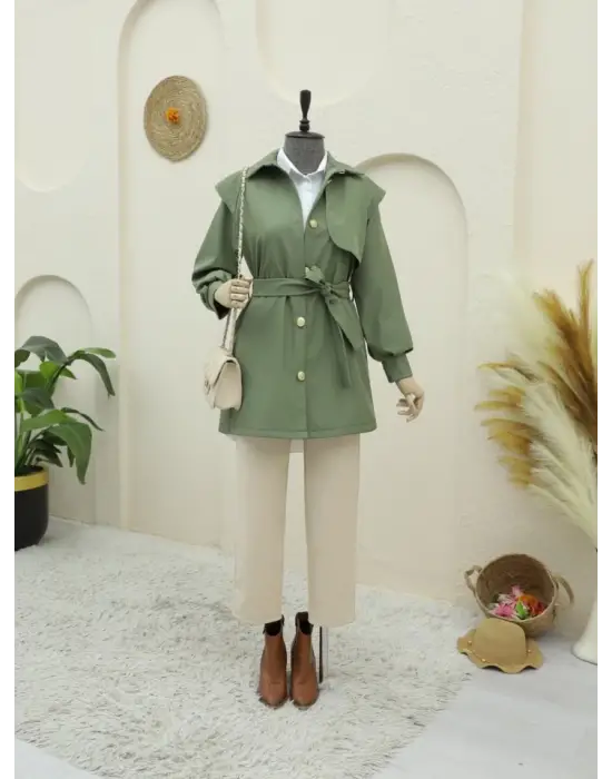 Omarı Trendi Broş Detaylı Kemerli Trençkot - Haki