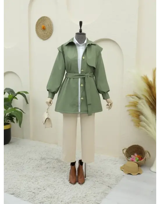 Omarı Trendi Broş Detaylı Kemerli Trençkot - Haki