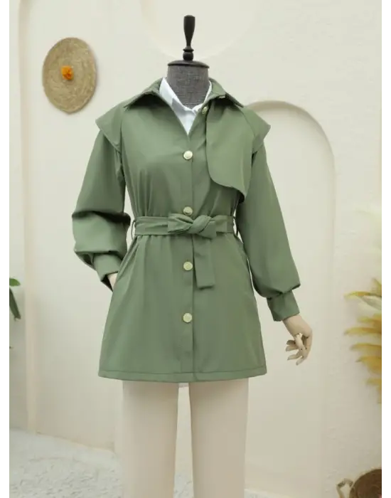 Broş Düğmeli Çift Düğmeli Kemerli Trençkot -Haki