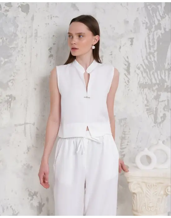 Broşlu yelek pantolon takım beyaz s255821
