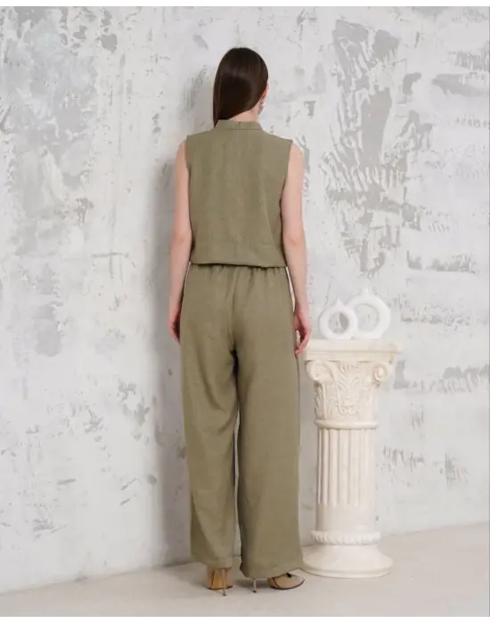 Broşlu yelek pantolon takım haki s255821