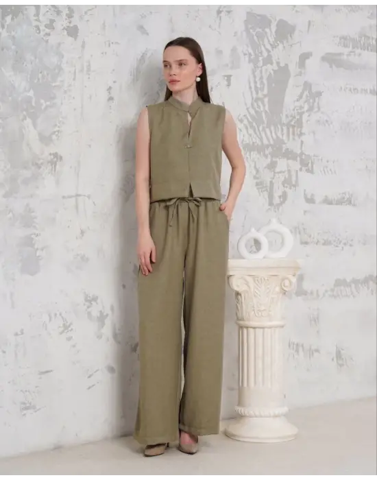 Broşlu yelek pantolon takım haki s255821