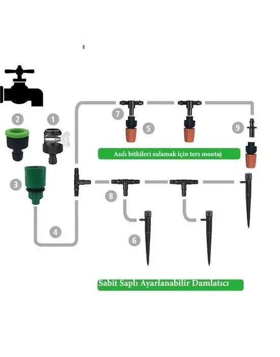 BUFFER® 10 Metre Bahçe Damlama Sulama Sistemi Seti Hortum ve Ek Parçaları