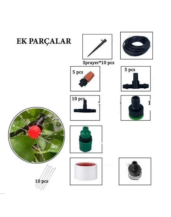 BUFFER® 10 Metre Bahçe Damlama Sulama Sistemi Seti Hortum ve Ek Parçaları