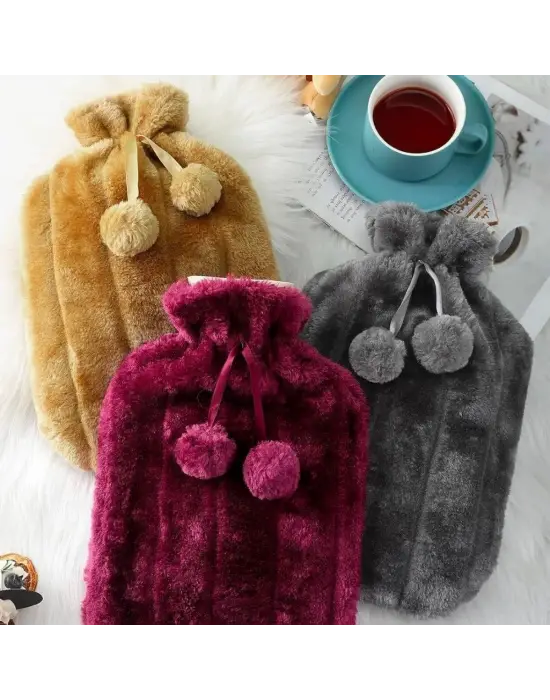 Omarı Ponponlu Peluş Sıcak Su Torbası 2 Litre Kapasiteli