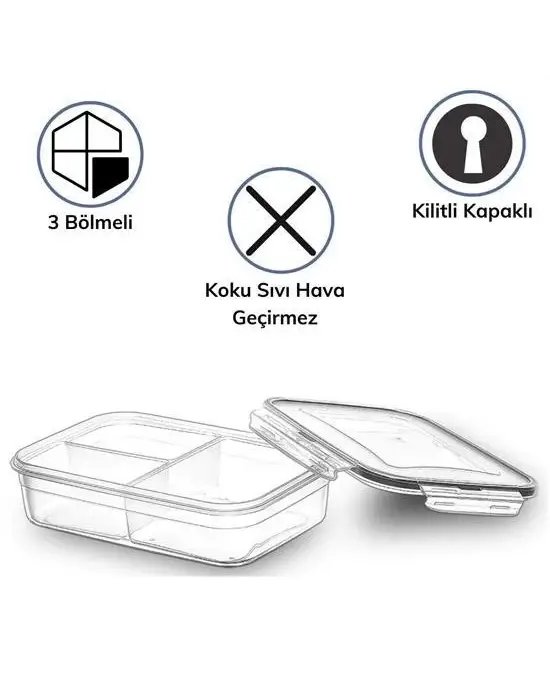 Omarı 3 Bölmeli Kilitli Kapaklı 1 Litre Erzak Saklama Kabı