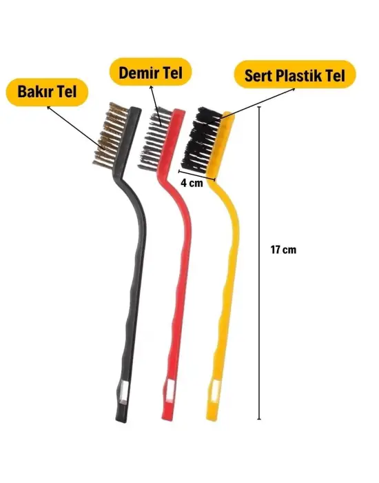Omarı 3lü Tam Temizlik Bakır-Demir-Sert Plastik Tel Fırça