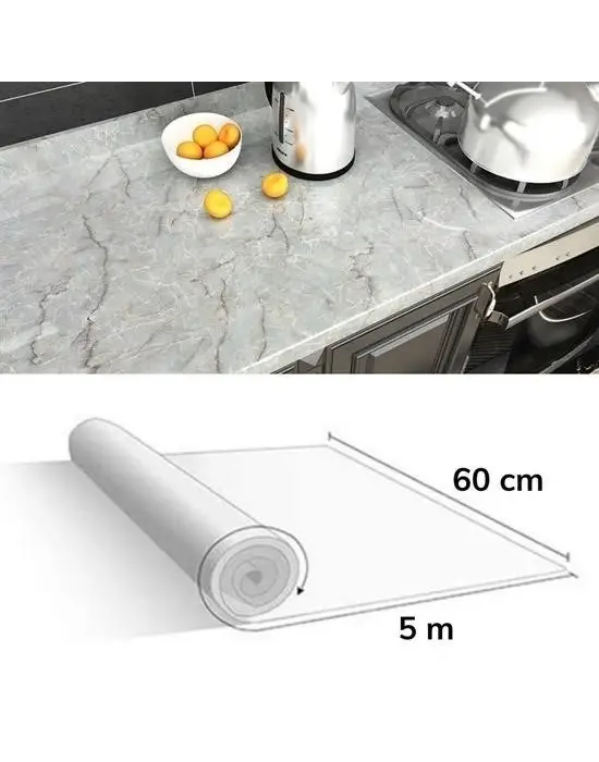 BUFFER® 5mt x 60 cm Mermer Desenli Masa Tezgah Mutfak Su Geçirmez Yapışkanlı Folyo Sticker