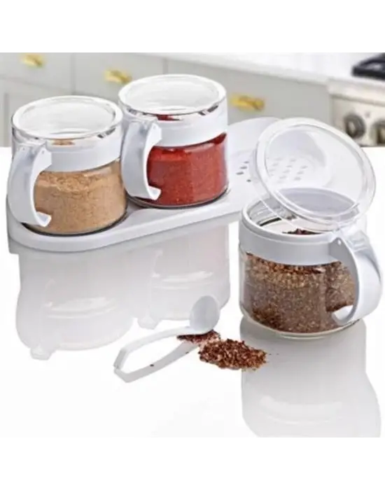 Omarı Beyaz 3lü Kapaklı Cam Baharatlık Takımı