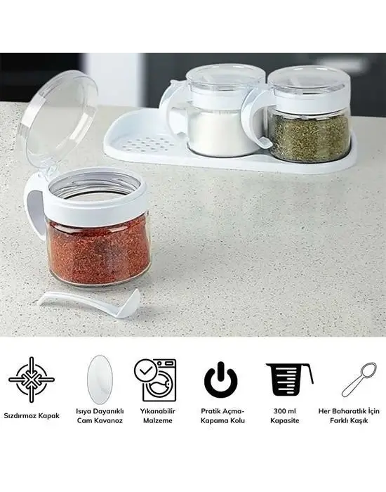 Omarı Beyaz 3lü Kapaklı Cam Baharatlık Takımı