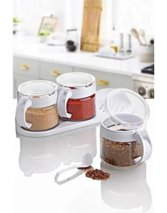 Omarı Beyaz 3lü Kapaklı Cam Baharatlık Takımı