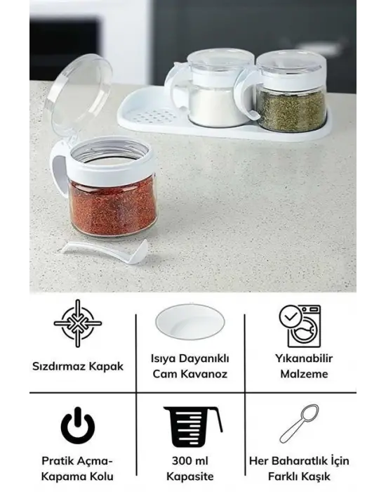 Omarı Beyaz 3lü Kapaklı Cam Baharatlık Takımı