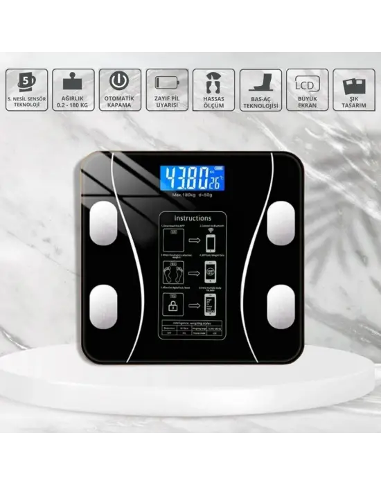 BUFFER® Dijital Baskül Yağ Ölçer Fonksiyonlu Akıllı Baskül Bluetooth Bağlantılı Tartı