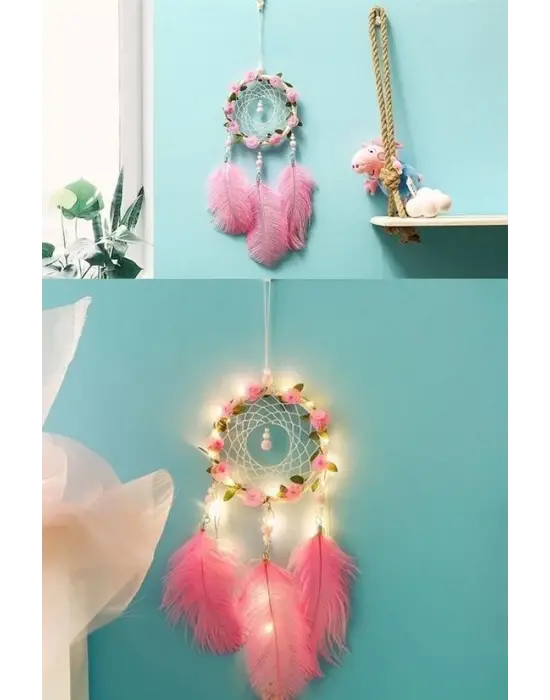 Omarı Kuş Tüyü ve Led Işıklı Dekoratif Asma Rüya Kapanı