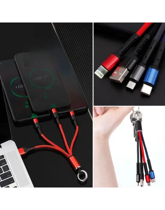 Omarı Işıklı 3-in-1 USB Şarj Kablosu - MİKRO, TYPE-C ve İphone Uyumlu
