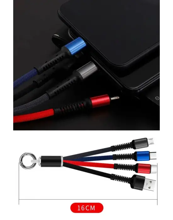 Omarı Işıklı 3-in-1 USB Şarj Kablosu - MİKRO, TYPE-C ve İphone Uyumlu