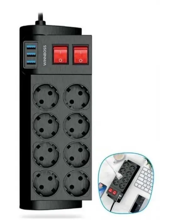 Omarı Isıya Dayanıklı Termal Akım Korumalı Uzatma Kablosu 8li Priz ve 3 Usb