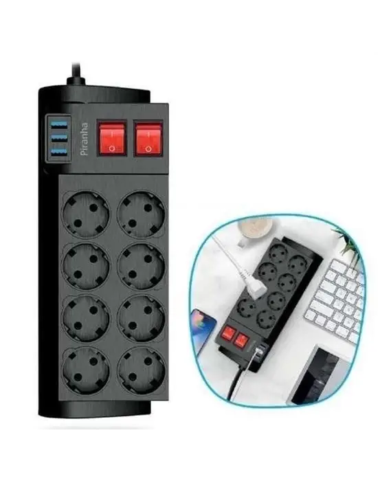 Omarı Isıya Dayanıklı Termal Akım Korumalı Uzatma Kablosu 8li Priz ve 3 Usb