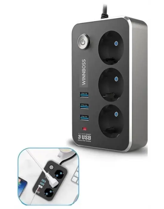 Omarı Termal Akım Korumalı 3lü Priz ve 3 USB Uzatma Kablosu