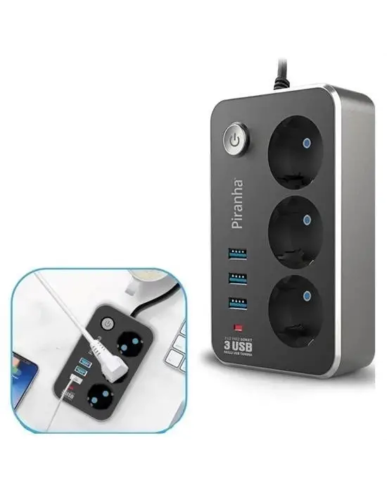 Omarı Termal Akım Korumalı 3lü Priz ve 3 USB Uzatma Kablosu