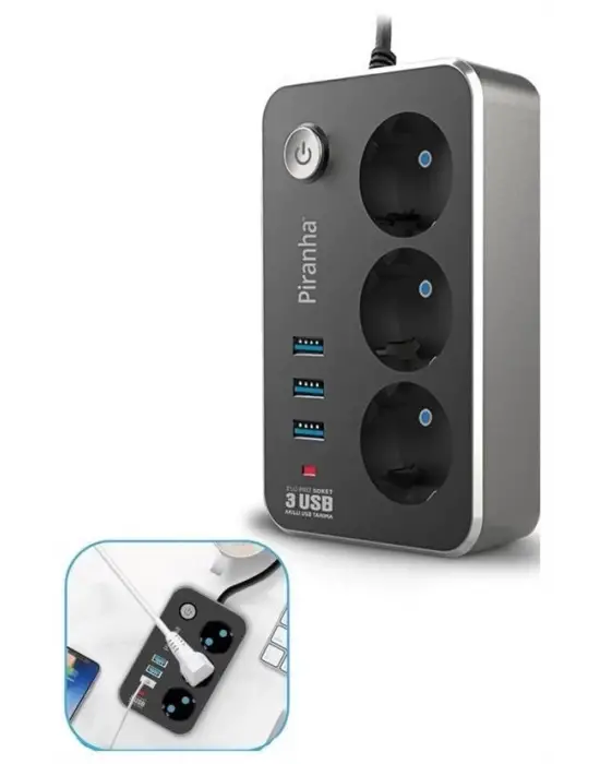 Omarı Termal Akım Korumalı 3lü Priz ve 3 USB Uzatma Kablosu