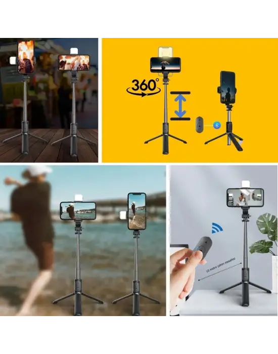 Omarı Kendiliğinden Işıklı Kablosuz Selfie Çubuğu