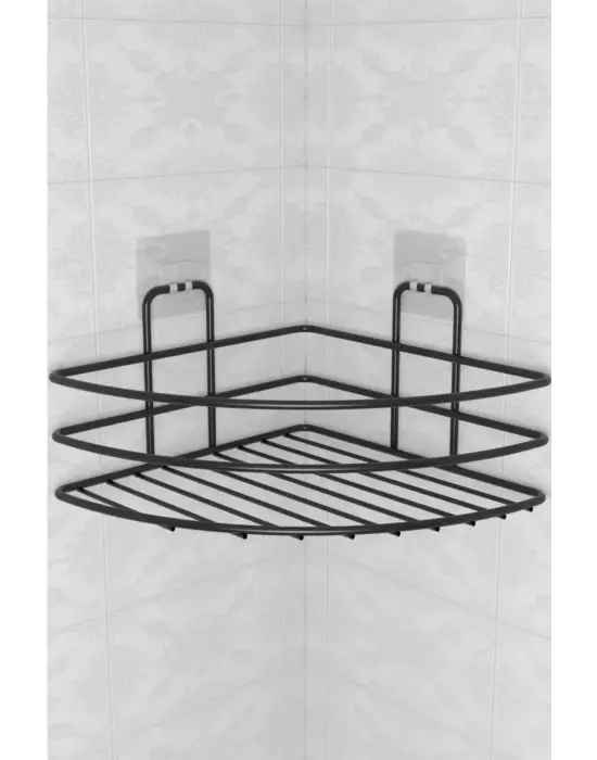 Omarı Kendiliğinden Yapışkanlı Banyo Askı Köşe Şampuanlık - Siyah