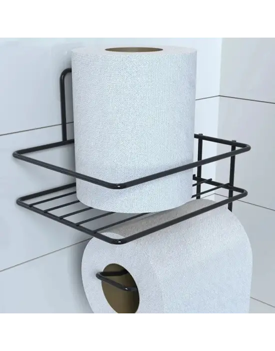 Omarı Modern Siyah Metal Tuvalet Kağıdı Tutacağı ve Yedek Raf