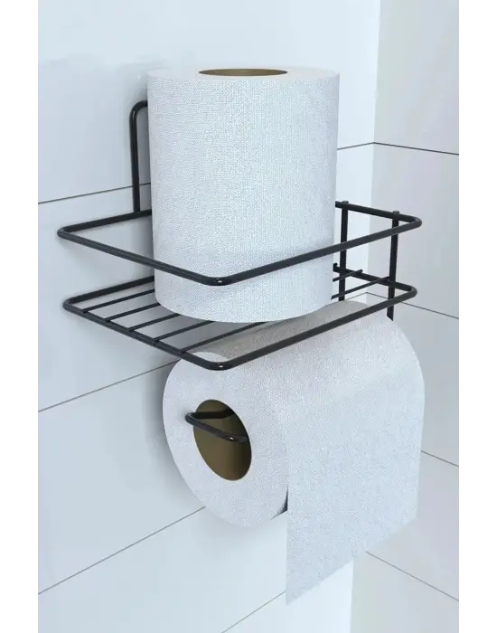 Omarı Modern Siyah Metal Tuvalet Kağıdı Tutacağı ve Yedek Raf