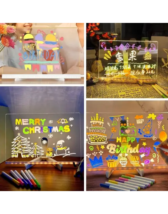 BUFFER® LED Işıklı Kendiliğinden Renkli Fosforlu Kalemli Dikdörtgen Yazı Panosu 20x30 cm