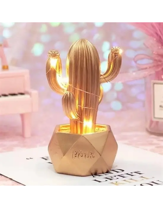 Omarı Sevimli Kaktüs Dekoratif Led Masa Lambası - Gold