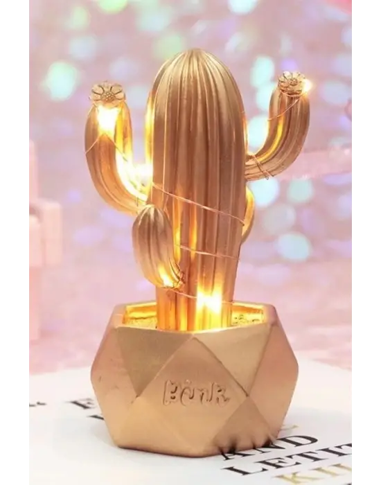 Omarı Sevimli Kaktüs Dekoratif Led Masa Lambası - Gold