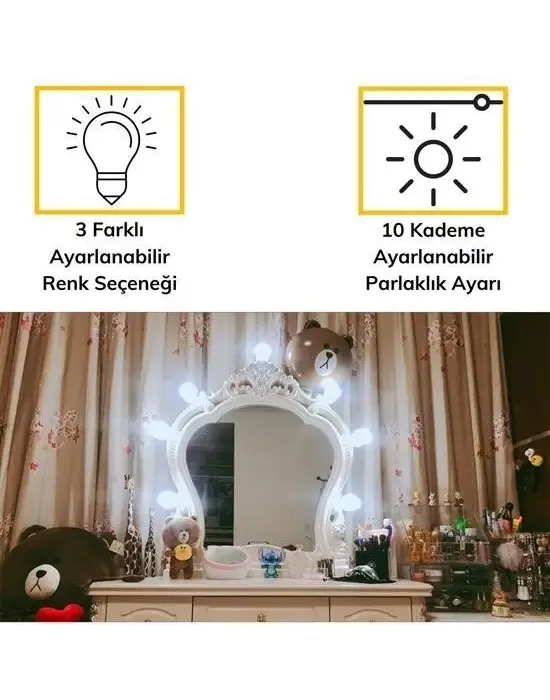 Omarı Nostalji Hollywood Tarzı LED Işıklı Makyaj Masası Aynası